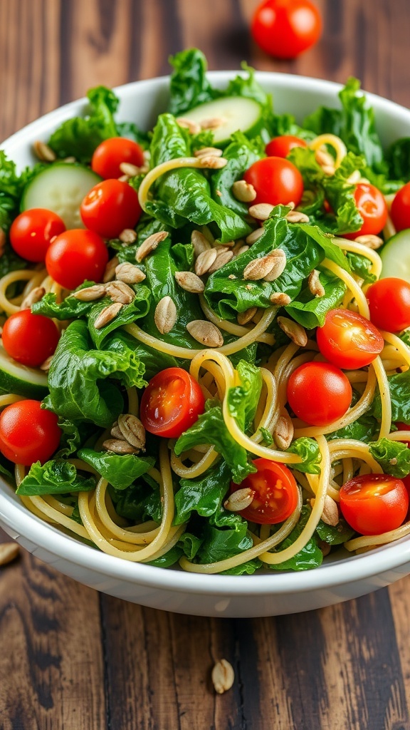 A fresh kale noodle salad with noodles, cherry tomatoes, cucumber, and sunflower seeds in a bowl.